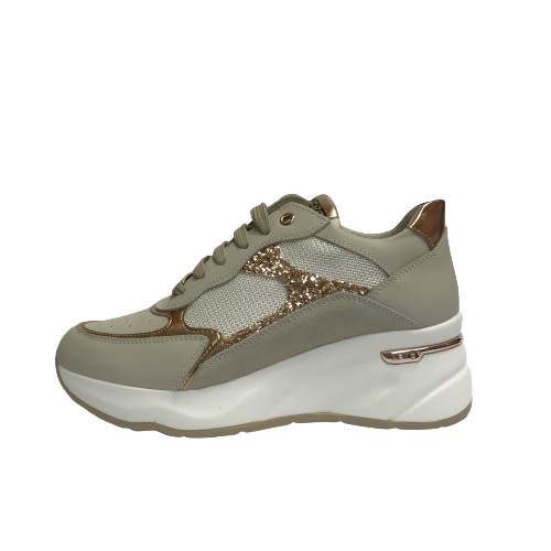 KEYS SCARPE DONNA SNEAKERS CASUAL CON GOMMA MEDIA K-9040 BEIGE CON STRASS