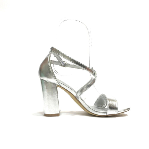 WCUBED SCARPE DONNA SANDALI CON TACCO ALTO E QUADRATO 44157 SILVER LAMINATO